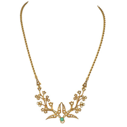 15k Gold, Pearl & Turquoise Bird Necklace Circa 1900