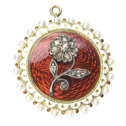 15k Gold Red Enamel, Pearl & Diamond Flower Locket/Brooch