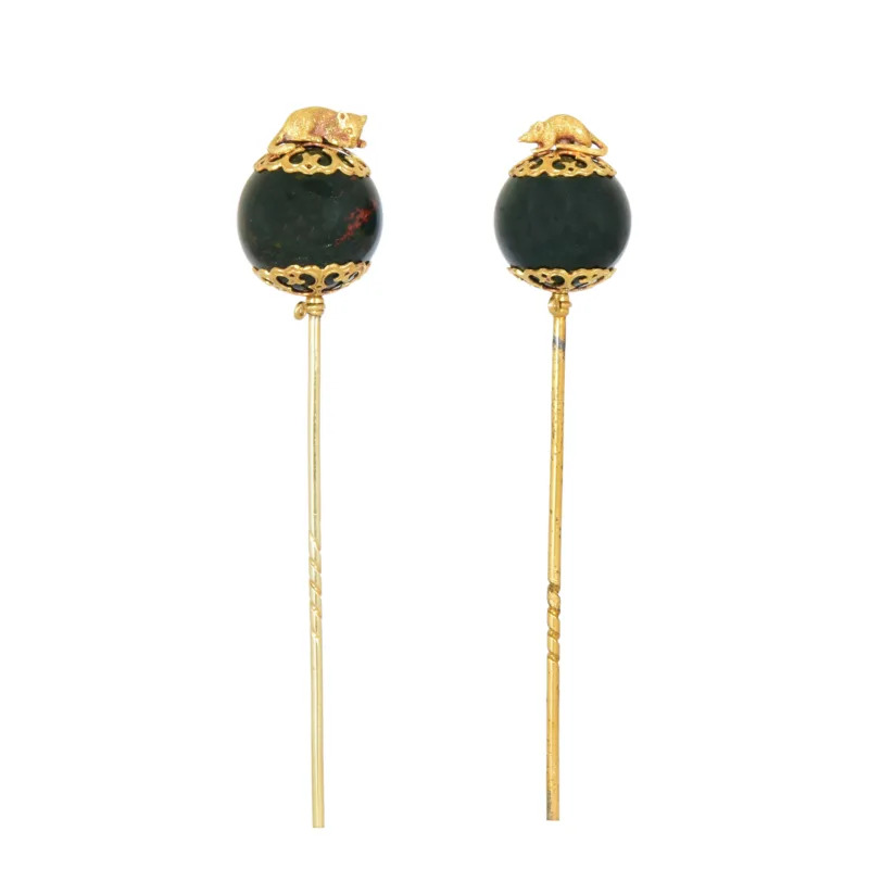 19th Century Gold & Bloodstone Cat & Mouse Stick Pins