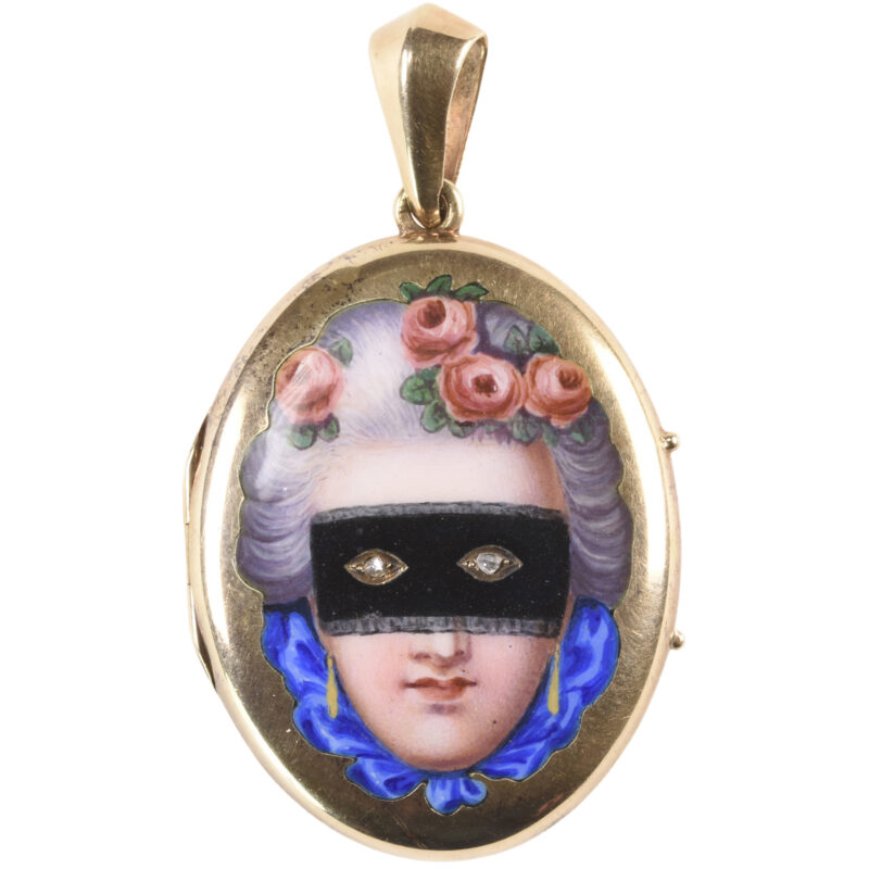19th Century Masquerade Locket, 14k Gold, Enamel & Diamond