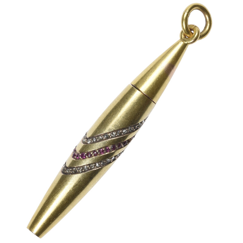Sleek French 18ct gold diamond and ruby propelling pencil pendant