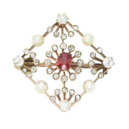 Early 20th Century Russian 14K Gold, Spinel, Diamond & Natural Pearl Brooch