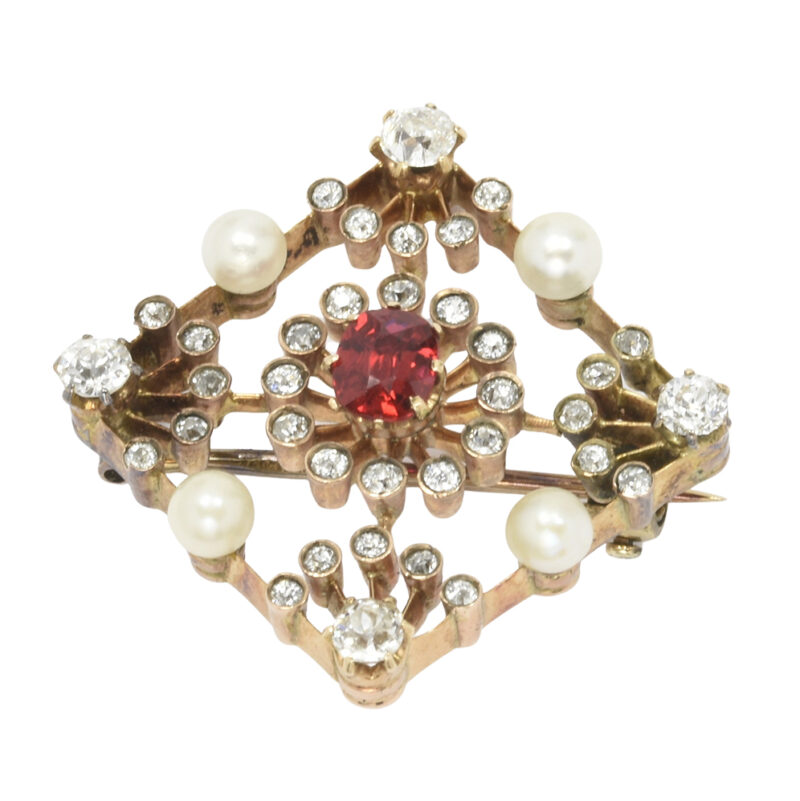 Early 20th Century Russian 14K Gold, Spinel, Diamond & Natural Pearl Brooch