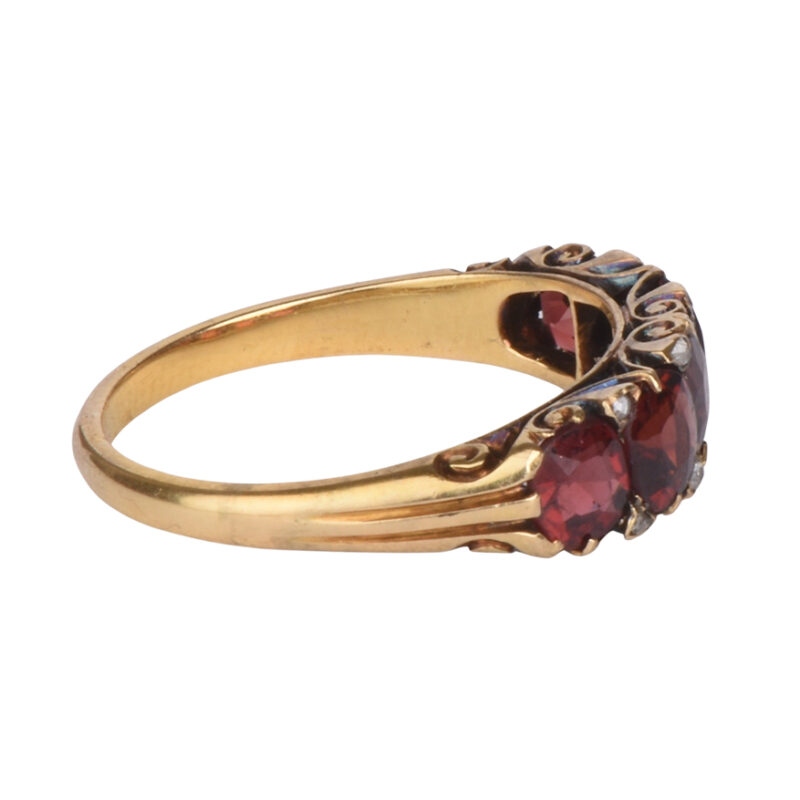 Victorian 18K Carved Gold 5 Stone Garnet & Diamond Ring
