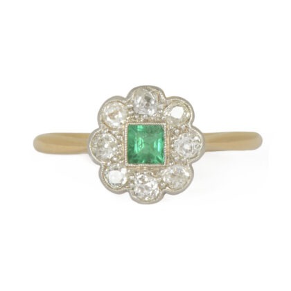 Edwardian 18k Gold Emerald & Diamond Cluster Ring