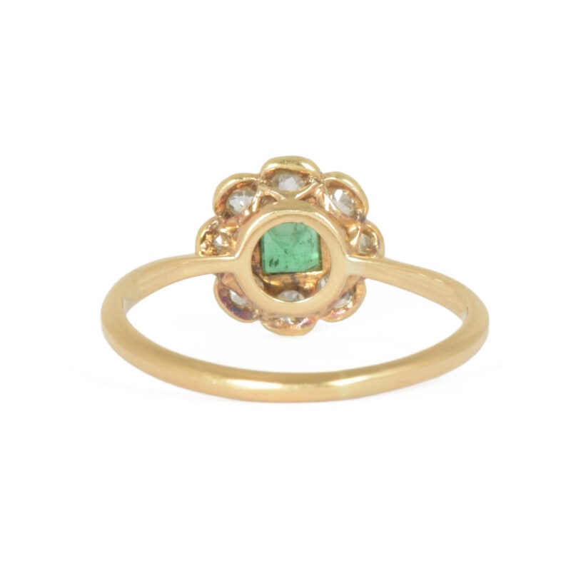 Edwardian 18k Gold Emerald & Diamond Cluster Ring