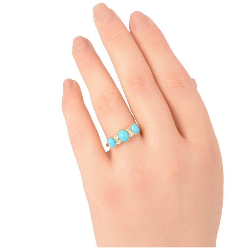 Edwardian 18k Gold Three Stone Turquoise & Diamond Ring
