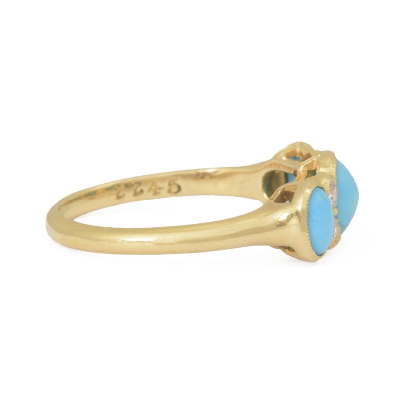 Edwardian 18k Gold Three Stone Turquoise & Diamond Ring