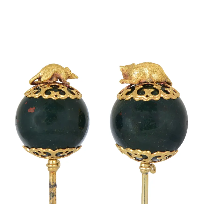 19th Century Gold Bloodstone Cat Mouse Stick Pins Tops