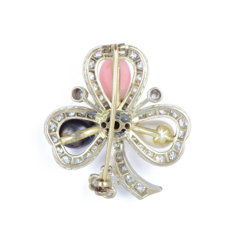 Victorian Natural Coloured Pearl & Diamond Shamrock Brooch