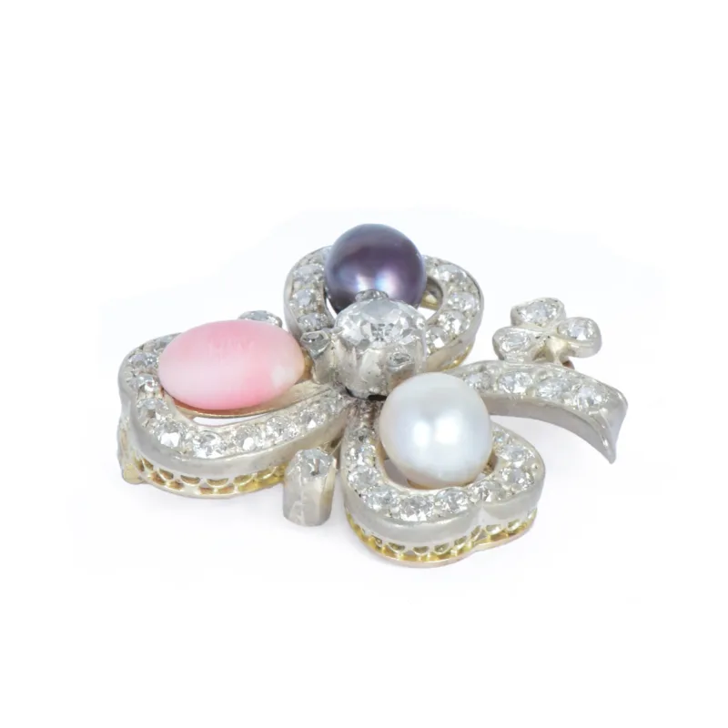Victorian Natural Coloured Pearl & Diamond Shamrock Brooch