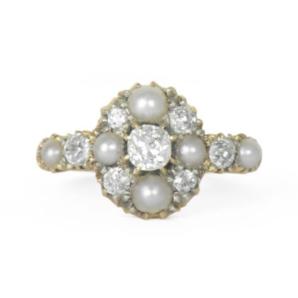 Victorian 15k Gold Pearl & Diamond Cluster Ring