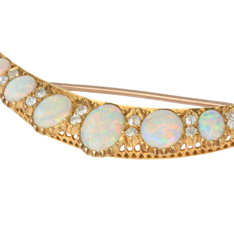 Antique 15k Gold Opal & Diamond Crescent Brooch
