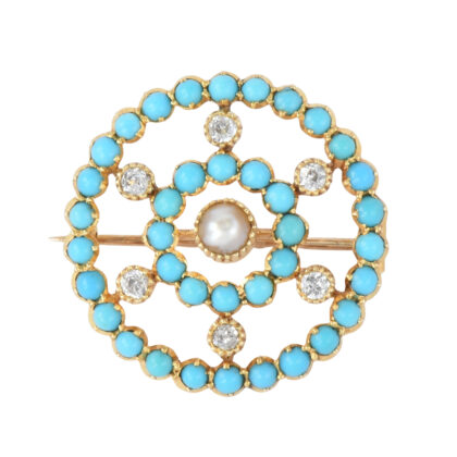 Antique 15k Gold Turquoise, Pearl & Diamond Brooch
