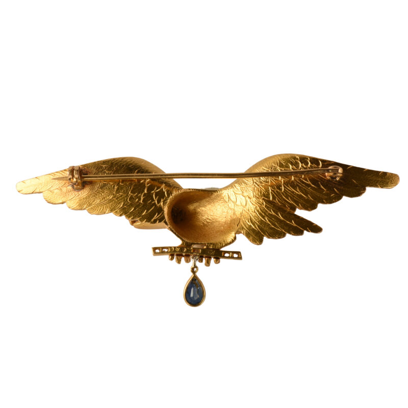 Antique 18k Gold, Sapphire & Diamond Flying Eagle Brooch