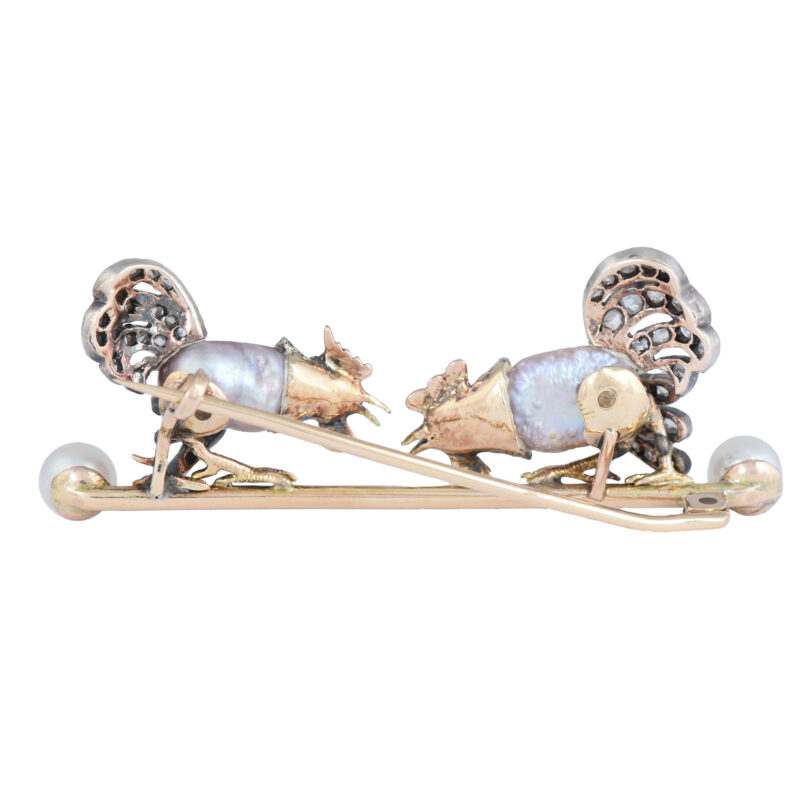 Antique Pearl, Diamond & Enamel Roosters Brooch