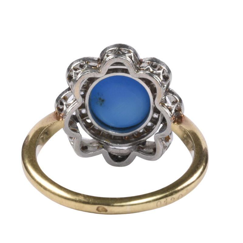 Belle Époque French 18k Gold, Platinum, Diamond & Blue Stone Flower Ring