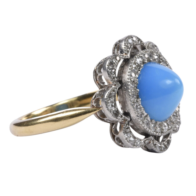 Belle Époque French 18k Gold, Platinum, Diamond & Blue Stone Flower Ring