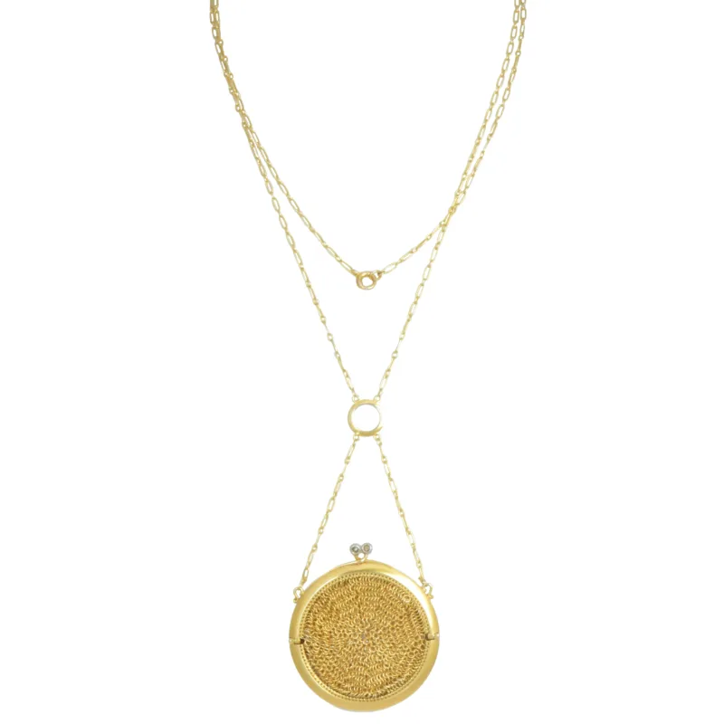 Edwardian 14k Gold, Enamel & Diamond Coin Purse Necklace
