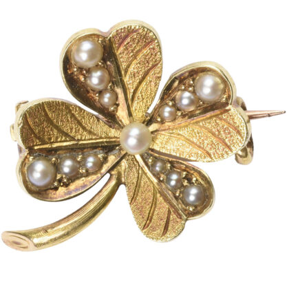 Edwardian 15k Gold & Pearl Four Leaf Clover Brooch