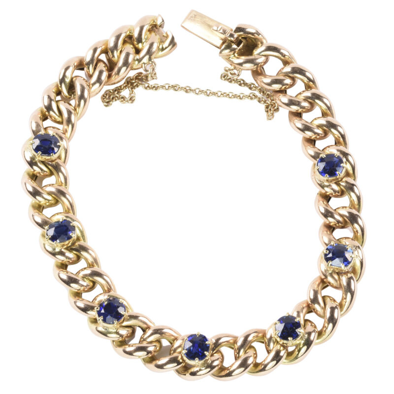 Edwardian 15k Gold Sapphire Set Curb Link Bracelet