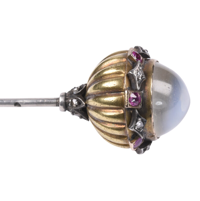 French Antique Moonstone, Ruby & Diamond Hat Pin
