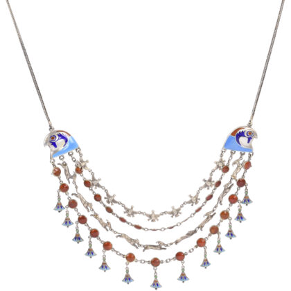 Egyptian Revival Silver Gilt & Enamel Fringe Necklace