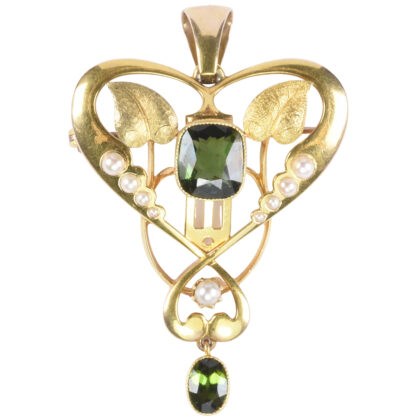Edwardian 15k Gold, Green Tourmaline & Pearl Pendant