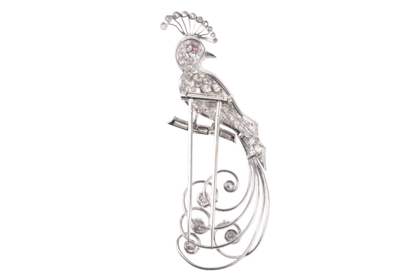 Mid Century French Platinum & Diamond Bird Of Paradise Brooch