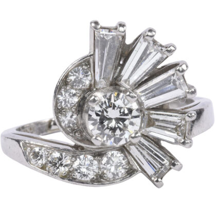 Mid Century Platinum & Diamond Sun Burst Ring