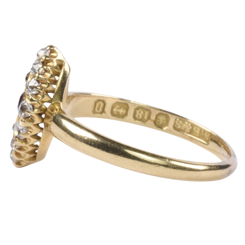 Victorian 18k Gold Hallmarked Spinel & Diamond Navette Ring