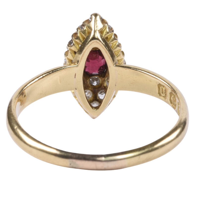 Victorian 18k Gold Hallmarked Spinel & Diamond Navette Ring