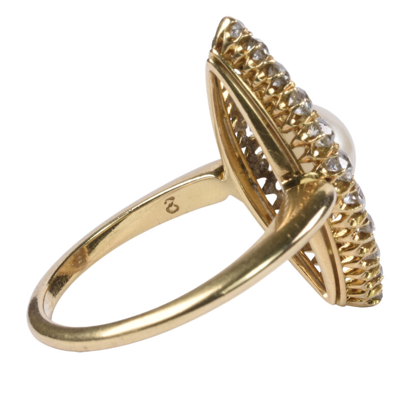 Victorian 18k Gold, Diamond & Pearl Navette Ring