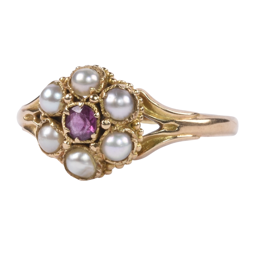 Victorian 15k Gold, Pearl & Ruby Cluster Ring - Ejay Antiques