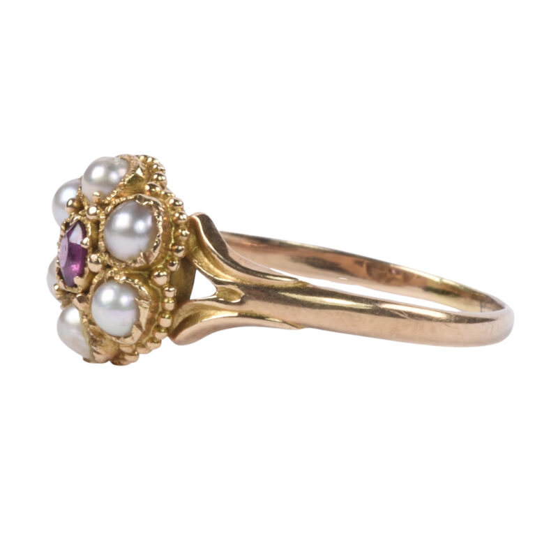 Victorian 15k Gold, Pearl & Ruby Cluster Ring