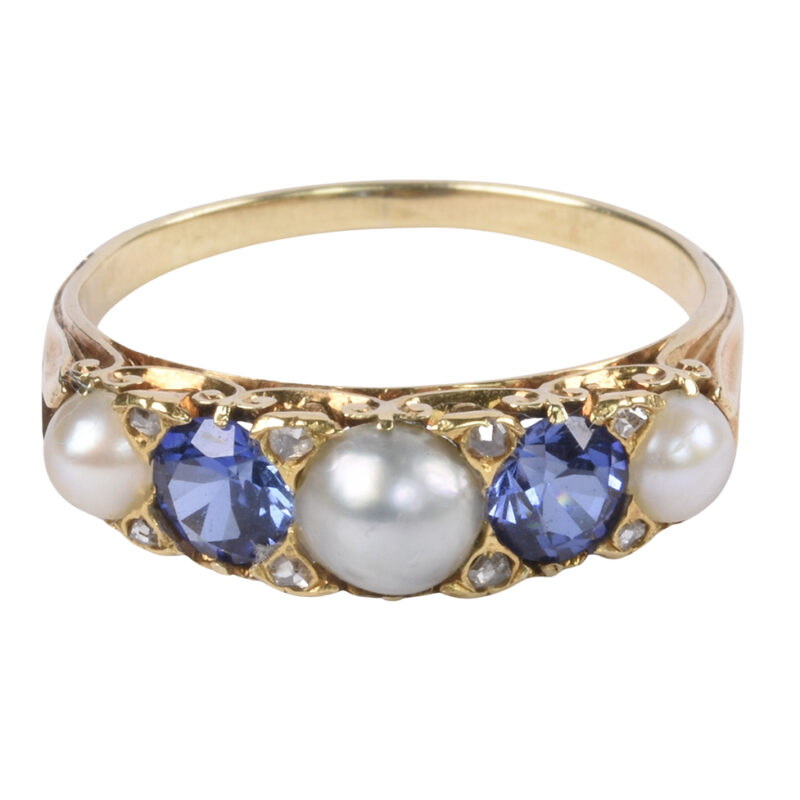 Victorian 18k Gold Pearl, Sapphire & Diamond Ring