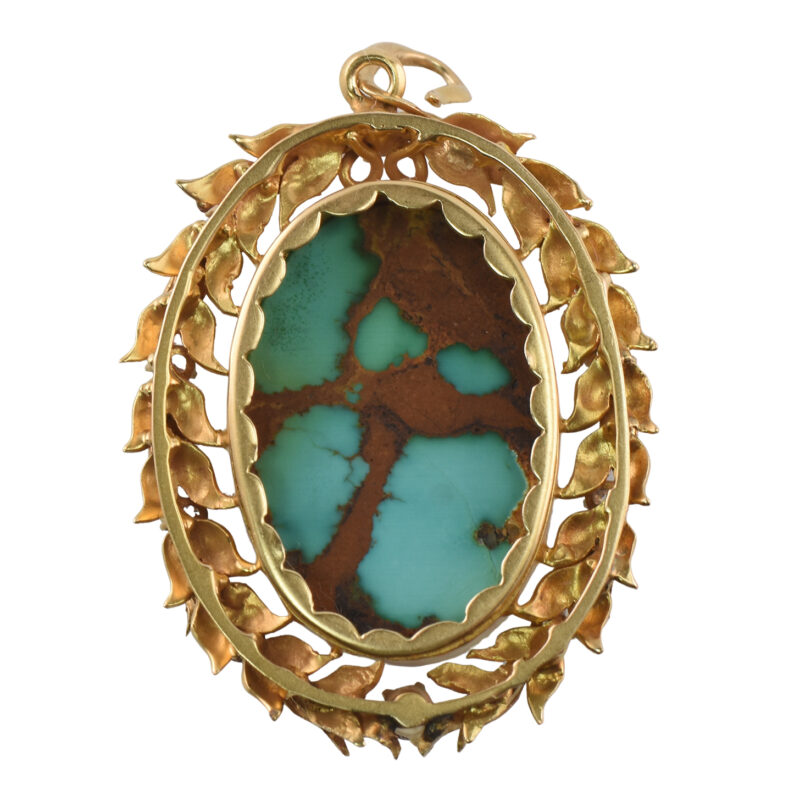 Early 20th Century 14k Gold Boulder Turquoise & Diamond Pendant