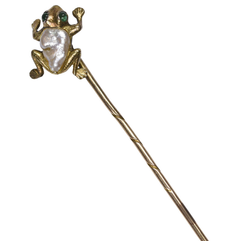 Early 20th Century 15k Gold, Pearl & Emerald Frog Stick Pin