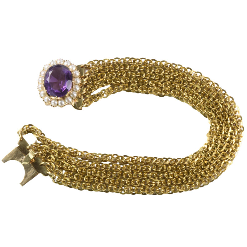 Early Victorian 15k Gold Amethyst & Pearl Multi Strand Bracelet