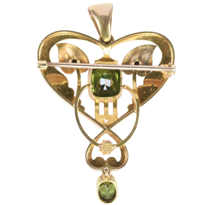 Edwardian 15k Gold, Green Tourmaline & Pearl Pendant