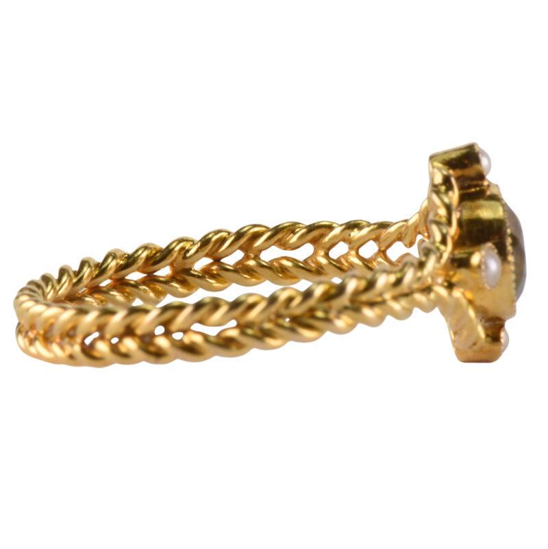 Edwardian 15k Gold, Peridot & Pearl Barley Twist Ring