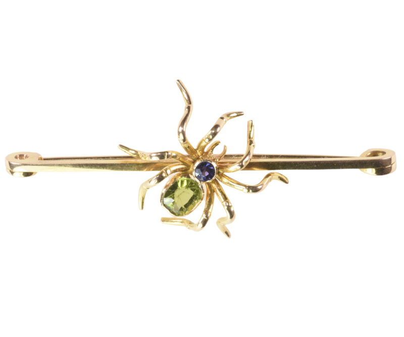 Edwardian 15k Gold, Peridot & Sapphire Spider Brooch