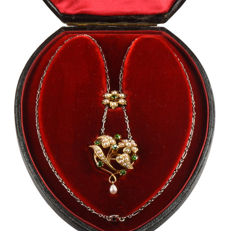 Edwardian 15k Gold & Platinum Demantoid Garnet & Pearl Boxed Necklace