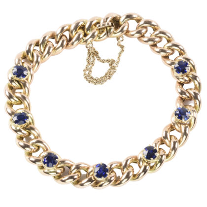 Edwardian 15k Gold Sapphire Set Curb Link Bracelet