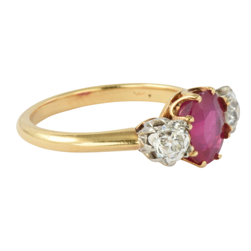 Edwardian 18k Gold Burmese Ruby & Diamond Three Stone Ring