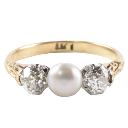 Edwardian 18k Gold Natural Pearl & Diamond Three Stone Ring