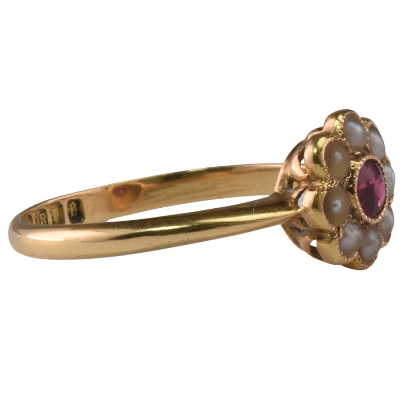 Edwardian 18k Gold, Pearl & Ruby Cluster Ring