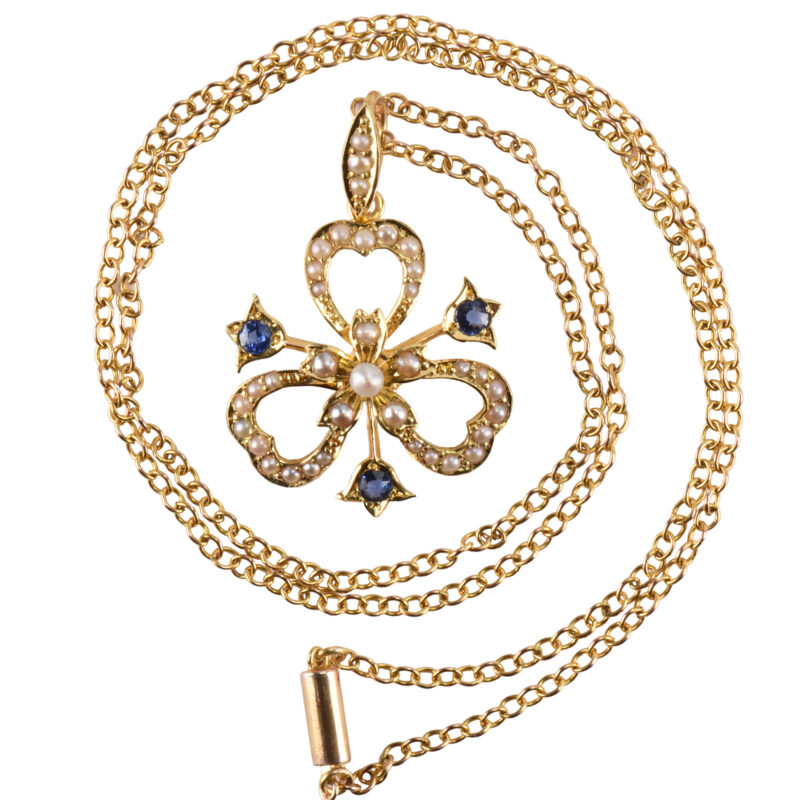 Edwardian 18k Gold, Pearl & Sapphire Clover Pendant