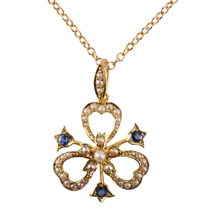 Edwardian 18k Gold, Pearl & Sapphire Clover Pendant