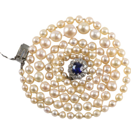 Edwardian Natural Pearl Necklace With Platinum Sapphire & Diamond Clasp